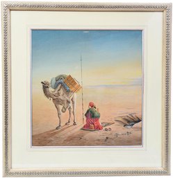 Beautifully Framed 'Arab Man Praying With Camel' Watercolor Painting