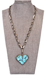Sterling Silver Taxco 400 Chain And Heart Pendant With Turquoise