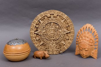 Aztec Mayan Calendar Stone Wall Plaque, Wooden Indonesian Mask, Wooden Hippopotamus And Pewter Wood Bowl
