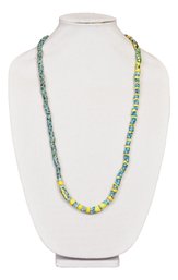 Teal Millefiori Venetian Trade Bead Necklace With Sterling Silver Clasp