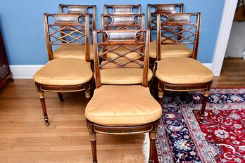 Set Of Seven Lattice Back Dining Chairs With Caned Seats