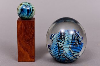 Signed Eickholt 1991 Paperweight And Decorative Sphere On Wooden Base