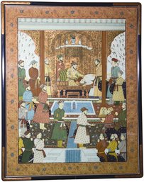 Fine Detail Antique Persian Watercolor On Silk Of Court King Scene