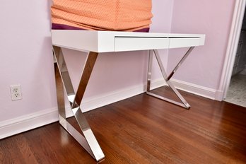 High Gloss White Two Drawer Desk With Stainless Steel Base