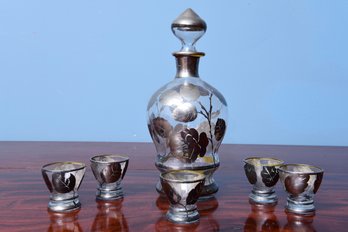 Silver Overlay Decanter Set With Five Matching Shot Glasses