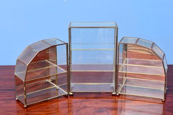 Set Of Three Brass And Glass Shelf Table Top Mirrored Display Cases