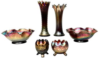 Collection Of Northwood Carnival Glass Vases, Bowls And More