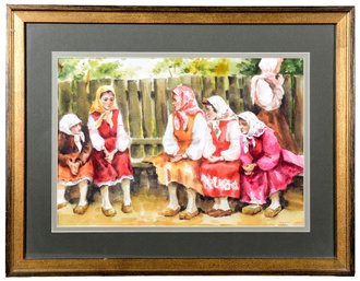 Signed Watercolor Painting Depicting Women Talking On A Bench
