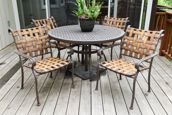 Set Of Four Woodard Ramsgate Aluminum Dining Arm Chairs, Table And Umbrella Stand