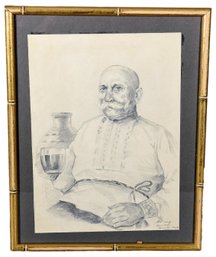 Signed Mou Coug Pencil Drawing Dated 1949 In Gilt Wood Bamboo Frame