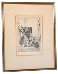 Signed Q. Hahn Framed Drypoint Etching Of A Village Street Scene