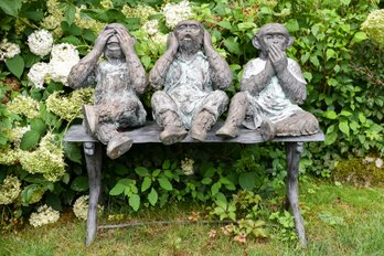 Three Wise Monkeys On Bench Cast Metal Garden Statue