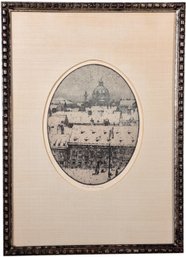 Signed Framed Oval Etching Of A Cityscape With Dome In The Background
