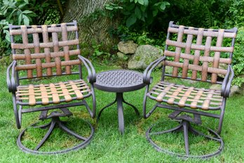 Pair Of Woodard Ramsgate Aluminum Swivel Chairs And Side Table