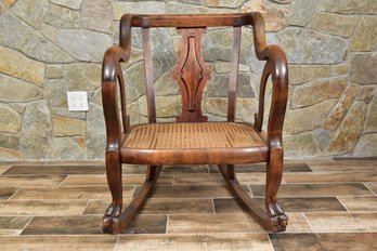 Antique Empire Claw Foot Wooden Rocker With Cane Seat