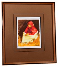 Signed Framed Watercolor Painting Of A Woman In Deep Thought
