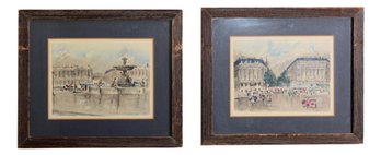 Pair Of Guy De Neyrac Framed Lithographs 'Place De La Concorde' And 'parisian Street Scene'