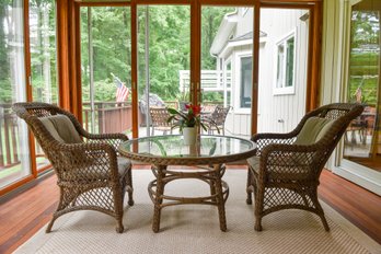 Lane Venture Wicker Indoor/outdoor Table With Glass Top And Two Arm Chairs With Cushions