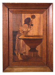 Vintage Hand Made Wood Panel Marquetry Art Depicting A Lady Drinking From A Fountain