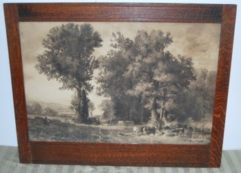 Beautiful Antique Drawing Of Cows Grazing In A Wood Frame