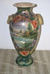 Circa 1900 Hand Painted Vase With Swan And Floral Motif