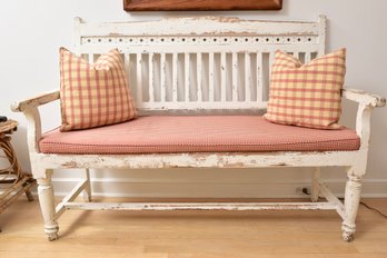 Distressed Painted Country Bench With Cushion And Pillows