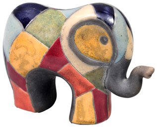 Raku Pottery Trunk-Up Elephant Figurine