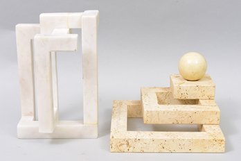 Travertine Sculpture And Tetra Geometric White Marble Table Decor