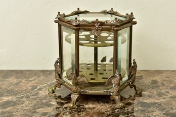 Antique Bronze Phoenix Ornate Beveled Glass Cigarette Box With Brass Insert