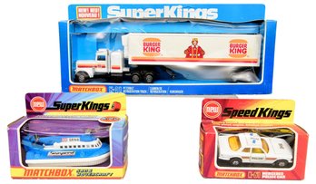 New!  Collection Of Three Matchbox Speed Kings Hovercraft, Mercedes Police Car And Super Kings Burger King