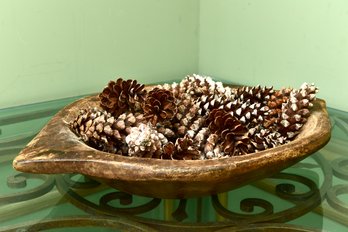 Primitive Wooden Bowl With Pinecones