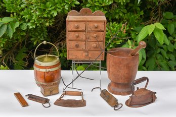 Collection Of Antique Items - Apothecary Wooden Box, A. R. Mfg. Co. Iron, Mortar & Pestle And More