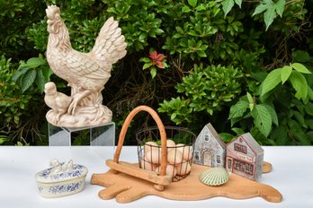 Ceramic Rooster, Basket Of Faux Eggs, Large Pig Cutting Board, Chatham Pottery Seashell And More