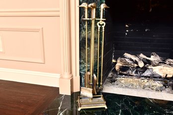 Brass Mallard Duck Head Four Piece Fireplace Tool Set With Stand