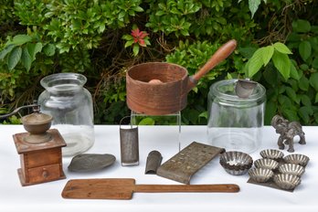 Collection Of Vintage Kitchen Items - Wooden Pot And Mandolin, Tin Cupcake Molds, Coffee Grinder And More