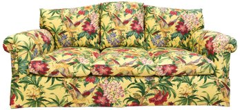 Beautiful Vintage Three Cushion Floral Fabric Rolled Arm Sofa