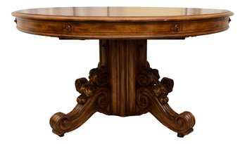 Antique Walnut Extendable Dining Table With Carved Pedestal Base