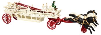Vintage Cast Iron Horse Drawn Fire Ladder Truck With Three Horses