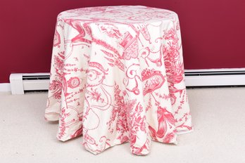 Circular Accent Table With A Printed Lined Fabric Tablecloth