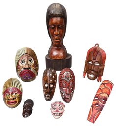 Collection Of Eight African Masks And An African Carved Wood Head On Base