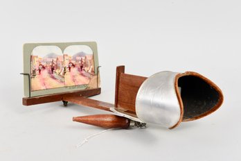 Antique Wood And Tin Stereoscope/Stereopticon Card Viewer With Set Of Six Cards