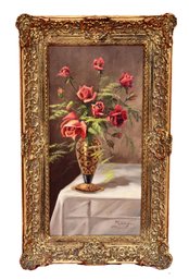 Signed Reinhold Ruscher Still Life Floral Oil On Canvas Painting In Gilded Carved Wood Frame