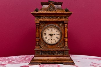 Antique Converted Mantle Clock In Tiger Oak Case