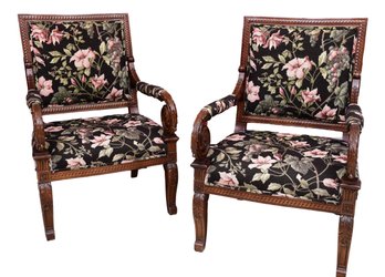 Pair Of Vintage Sherrill Carved Wood Upholstered Arm Chairs