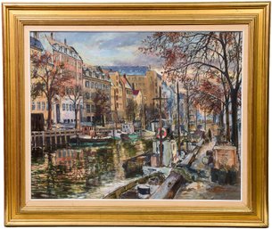Canal Scene Oil On Canvas Painting, Signed