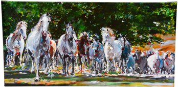 Signed Frank T. Gee Oil On Canvas Painting Of Galloping Horses