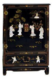 Vintage Black Lacquer Chinoiserie Cabinet With Mother Of Pearl Detailing