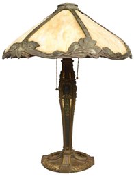 Antique Slag Glass And Bronze Table Lamp
