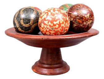 Large Wooden Pedestal Bowl With Decorative Balls