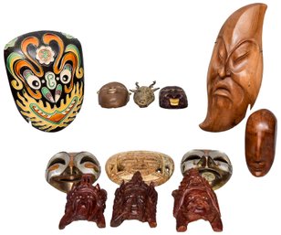 Collection Of Wood, Ceramic And Metal Masks